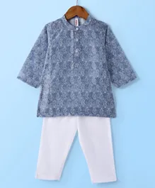 Babyhug Cotton Woven Full Sleeves Kurta and Pajama Set Block Print - Grey