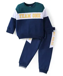 Babyhug Terry Knit Full Sleeves Striped T-Shirt & Lounge Pants Set Text Print - Blue