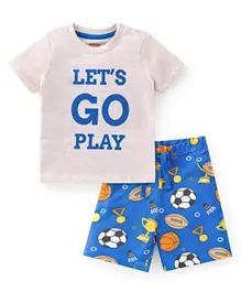 بيبي هاغ قميص بأكمام قصيرة وشورت من قطن جيرسي النسيج بطباعة كرة القدم - كريمي وأزرق