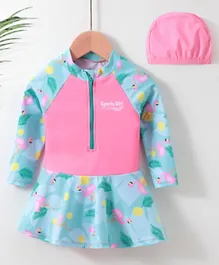 Babyhug Full Sleeves Frock Swimsuit with Cap Flamingo Print - Pink