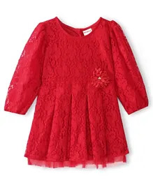 Babyhug Knit Full Sleeves Mesh Dress with Corsage - Red