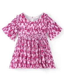 Babyhug Georgette Woven Half Sleeves Frock with Frill Detailing Butterfly Print- White & Pink