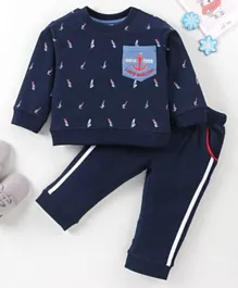 ToffyHouse Cotton Full Sleeves T-Shirt & Lounge Pant Set with Boat Print - Navy Blue