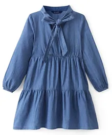 Pine Kids Cotton Knit Full Sleeves Dress With Bow - Navy Peony