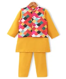 Babyhug Full Sleeves Solid Kurta Pyjama Set with Printed Jacket  - Mustard