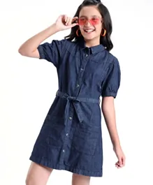 Pine Kids Cotton Woven Half Sleeves Front Full Placket Button Denim Dress With Self Fabric Belt - Blue