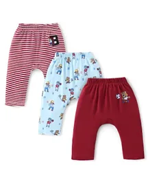 Babyhug Cotton Knit Full Length Diaper Pants Striped & Teddy Print Pack Of 3 - Maroon & Blue
