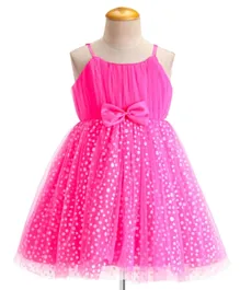 Babyhug Sleeveless Shimmery Party Frock with Bow Applique - Hot Pink