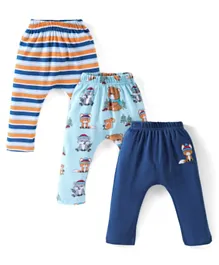 Babyhug 3 Pack Cotton Full Length Diaper Pants Striped & Teddy Print - White & Blue