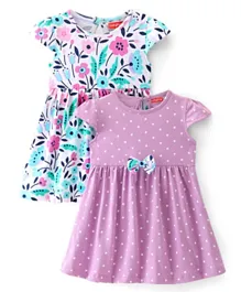 Babyhug Cotton Knit Cap Sleeves Floral Printed Frocks with Bow Applique Pack of 2 - Multicolour