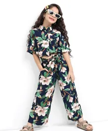 Ollington St. Rayon Co-Ord Half Sleeves Shirt & Culottes with Self Fabric Belt  Floral Print - Blue