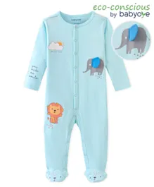 Babyoye 100% Cotton Knit with Eco Jiva Finish Elephant Print Full Sleeves Sleep Suits -Blue