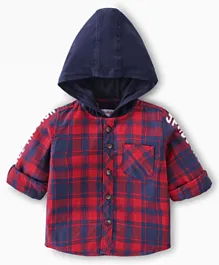 Babyhug Woven Full Sleeves Hooded Shirt Checkered - Red