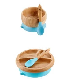 Avanchy Bamboo Suction Bowl, Plate & Spoon Set - Blue