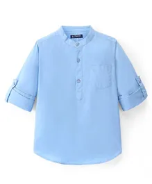 Pine Kids Cotton Roll Up Full Sleeves Mandarin Collar Half Placket Shirt- Sky Blue