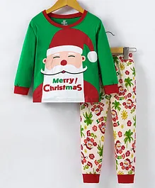 SAPS Santa Print Round Neck Full Sleeves Night Suit - Green