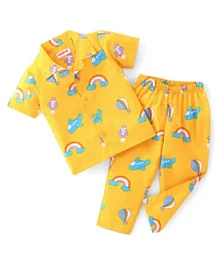 Babyhug Cotton Poplin Woven Short Sleeves Airplane Printed Night Suit - Yellow