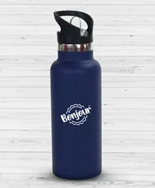 Bonjour Sip Box Premium Stainless Steel Insulated Water Bottle with Straw Lid and Handle Cap Navy Blue - 500ml