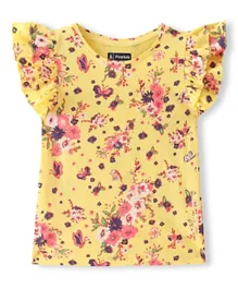 Pine Kids Cotton Knit Frill Sleeves Top Floral Print - Yellow