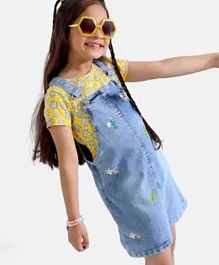 Ollington St. 100% Cotton Knit Denim Frock & Short Sleeves Inner T-Shirt with Floral Print & Flower Embroidery - Yellow & Blue