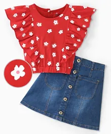 Ollington St. 100% Cotton Knit Short Sleeves Top & Denim Skirt Set Floral Print - Red & Indigo