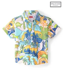 بيبي هاغ - قميص منسوج من القطن بنصف كم وياقة عادية وطبعة دينو - أبيض وأزرق وأخضر