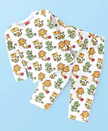 Babyhug Interlock Cotton Knit Full Sleeves Lion & Tiger Print Night Suit - White