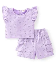 Babyhug Cotton Sleeveless Top & Shorts/Co-ord Set With Floral Embroidery - Purple