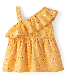 Babyhug Rayon Woven Singlet Sleeves Top with Frill & Lace Detailing Floral Print - Yellow