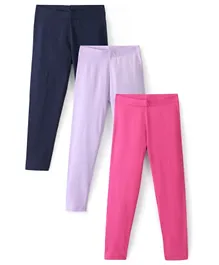 Primo Gino Cotton Blend Full Length Solid Color Leggings Pack Of 3 - Navy Blue Fuschia & Lavender