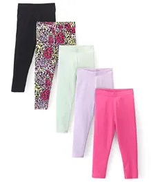 Primo Gino Cotton Blend Full Length Leggings Solid Color Pack of 5 - Blue Fuchsia & Black