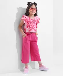 Ollington St. 100% Cotton Sinker Knit Half Sleeves Top & Culottes Set Floral Print - Pink