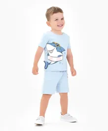 Bonfino 100% Cotton Knit Half Sleeves T-Shirt And Shorts Sets With Shark Print - Light Blue