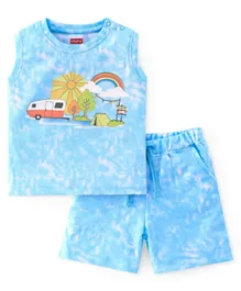 Babyhug Cotton Knit Sleeveless T-Shirt & Shorts/Co-ord Set Camping Theme Print - Blue