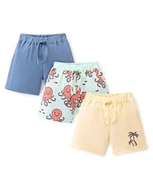 Bonfino  100% Cotton Knit Shorts with Octopus Print Pack of 3 - Blue Mint & Light Yellow