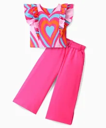 Ollington St. 100% Cotten Sinker Knit Sleeveless Heart Print Top and Culottes with Belt Set - Pink