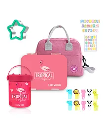 Eazy Kids Bento Lunch Box + Lunch Bag + Steel Food Jar Tropical With Accessories - Pink