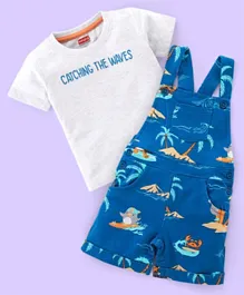 Babyhug Cotton Knit Beach Printed Dungaree with Half Sleeves Inner Tee - White & Blue