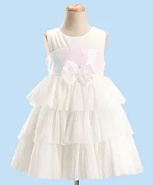 Babyhug Sleeveless Party Wear Tiered Dress with Bow Applique - White