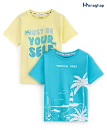 Honeyhap 2 Pack Premium 100% Cotton Jersey Knit Half Sleeves Tropical Theme Print T-Shirts with Bio Finish - Blue Radiance & Lemonade