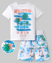 Ollington St. 100% Cotton Knit Half Sleeves T-Shirt & Shorts Set With Beach Print - White