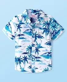 قميص بيبي هاغ قطن محبوك 100% بأكمام قصيرة بطباعة استوائية - أبيض وأزرق