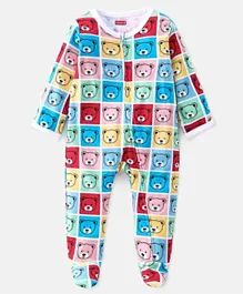 Babyhug Cotton Knit Full Sleeves Footed Sleep Suit With Teddy Print - Multicolor