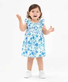 بونفينو - فستان بطبعة زهور وياقة مكشكشة - أزرق وأبيض