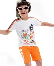 Ollington St. 100% Cotton Knit Skateboard Print Short Sleeves T-Shirt & Shorts Set - White & Orange