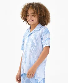بريمو جينو - قميص فيسكوز 100% بأكمام قصيرة وياقة وطبعة رخامية - أزرق فاتح