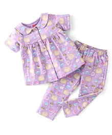 Babyhug Cotton Knit Single Jersey Half Sleeves Night Suit With Birthday Party Theme Print - Purple