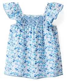Babyhug Rayon Woven Sleeveless Top with Smocking Floral Print & Frill Detailing - White & Blue