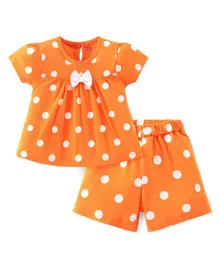 Babyhug Single Jersey Short Sleeved Polka Dots Printed Night Suit with Bow Applique - Orange