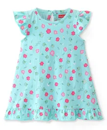 Babyhug Cotton Knit Flutter Sleeves Nighty with Floral Print - Blue